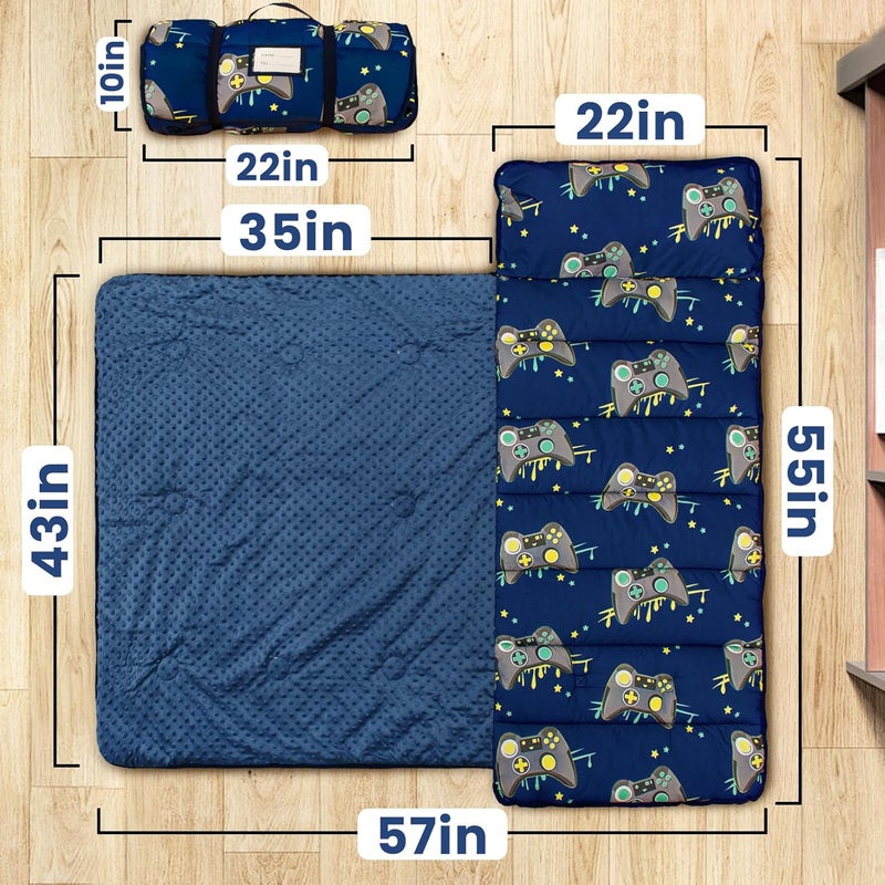 Beavtaens Toddler Nap Mat with Pillow and Minky Blanket, Large 55"x35" Sleeping Bag, Washable, Lightweight, Easy to Roll, Perfect for Preschool, Daycare, Kindergarten, Travel, Boys and Girls(Gamepad) - Image 2